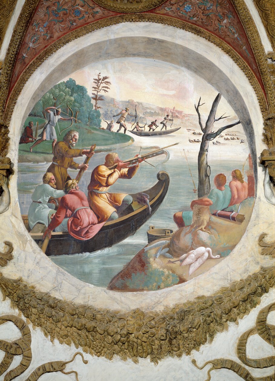 Scen som visar att de som är födda i tecknet Libra i kombination med stjärnbilden Sagitta eller Pilen är skickliga på bågskytte, symboliserat av en jakt med bågskyttar som skjuter ankor med krut. av Giulio Romano