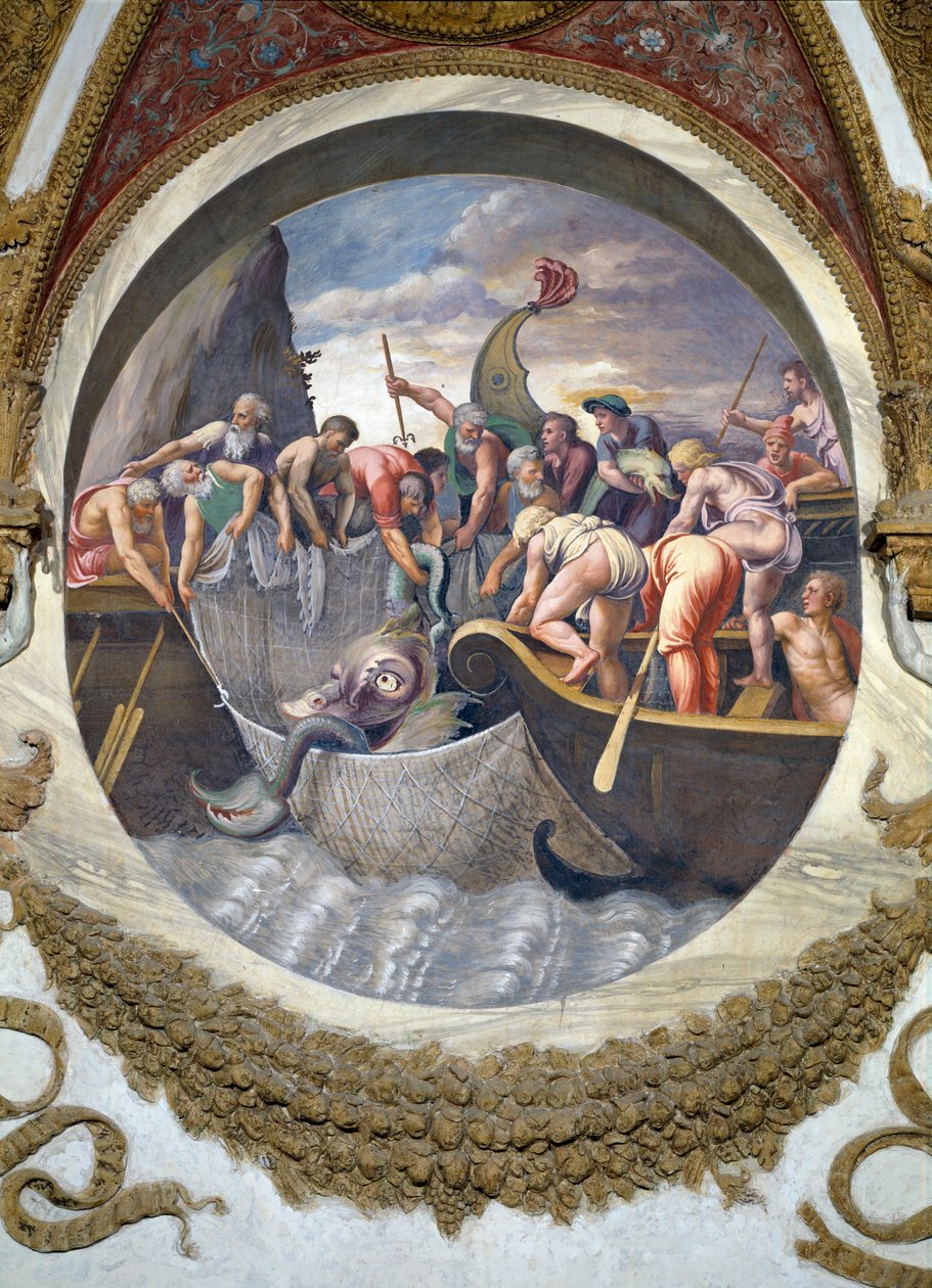 Scen som visar att de som är födda under Fiskarnas tecken i samband med stjärnbilden Belua är skickliga på att fiska, symboliserat av fångsten av ett havsmonster, från Camera dei Venti, 1528 av Giulio Romano