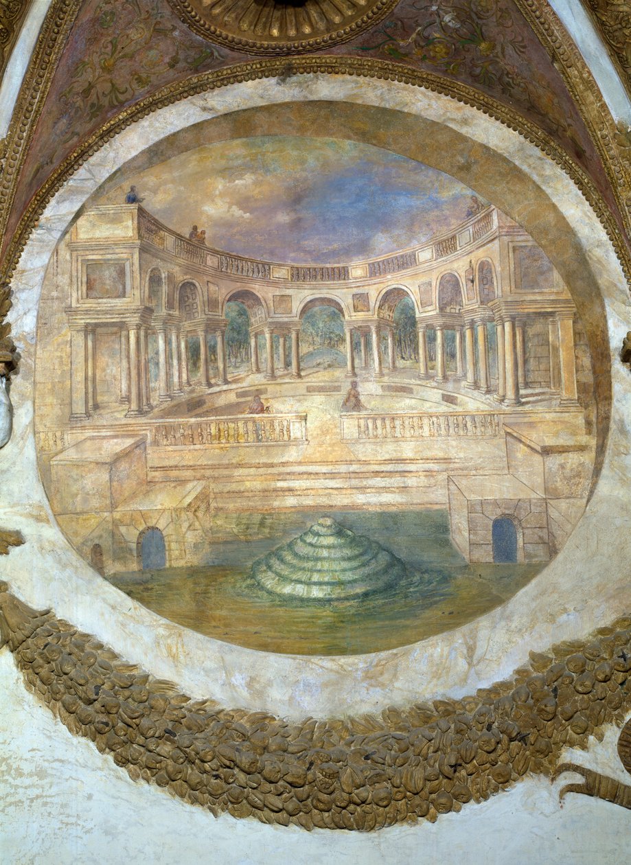 Scen som visar att de som är födda i Skyttens tecken i samband med stjärnbilden Arcturus har en benägenhet att bli väktare av kungliga byggnader, symboliserat av en pala. av Giulio Romano