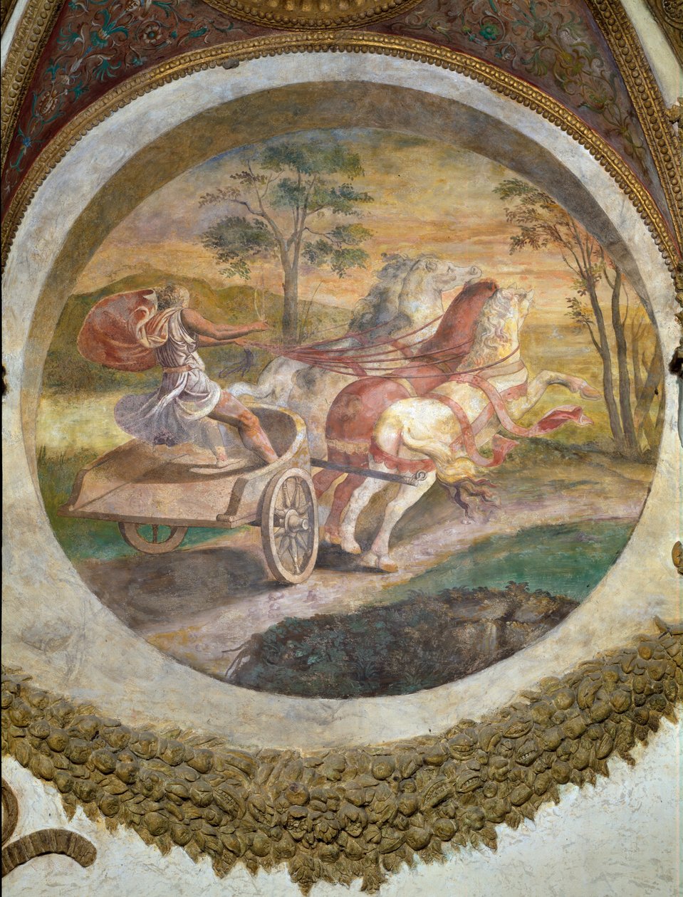 Scen som visar att de som är födda under Skorpionens tecken i samband med stjärnbilden Kentauren kommer att vara skickliga på att köra häst, symboliserat av en vagnförare, från Camera dei Venti, av Giulio Romano