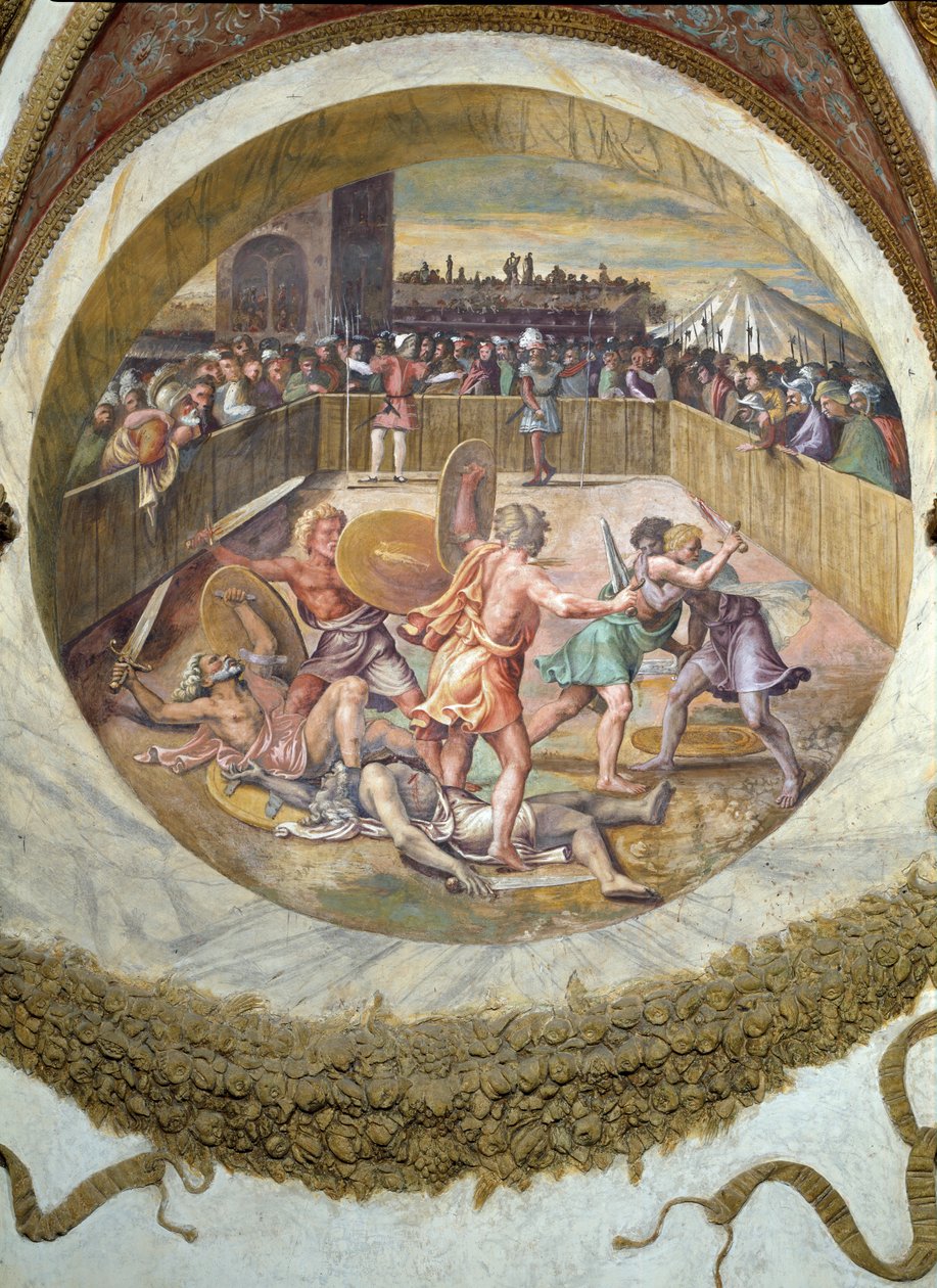 Scen som visar att de som är födda i tecknet Taurus i kombination med stjärnbilden Plejaderna har en förmåga att slåss, symboliserad av en gladiatorkamp, från C av Giulio Romano