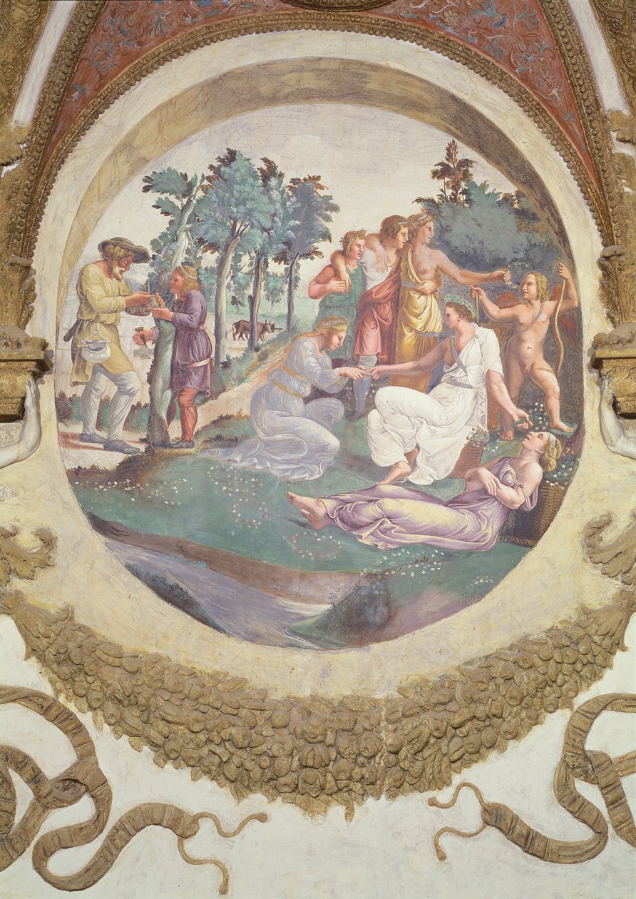 Scen som visar att de som är födda under Jungfruns tecken i samband med stjärnbilden Kronan har en kärlek till blommor och trädgårdar, symboliserat av ungdomar som väver girlanger i av Giulio Romano