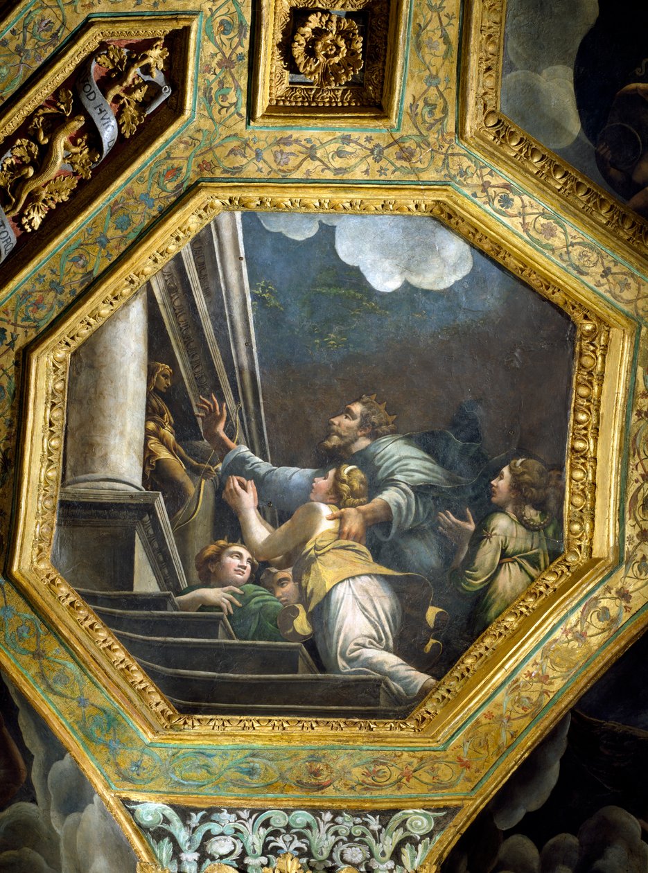 Bönfallande figurer på trappan till ett stort palats, takcaisson från Sala di Amore e Psiche, 1528 (olja på stuckatur) av Giulio Romano