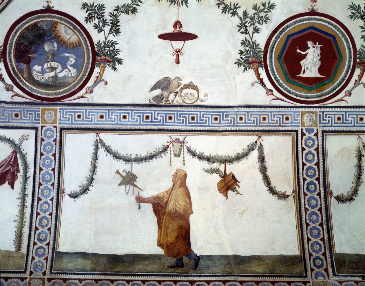 Camera con Fregio di Amorini Chamber of the Cupid Frieze detalj i taket som föreställer en klädd man och insignier från familjen Medici, fresk från 1520-talet av Giulio Romano