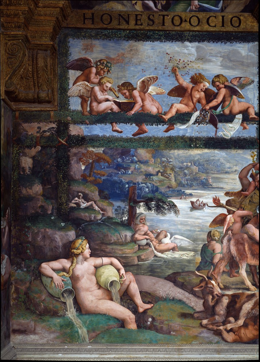 Den rustika banketten som firar äktenskapet mellan Amor och Psyche, detalj som visar flodgudar och gudinnor, östra väggen, från Sala di Amore e Psiche, 1528 freskdetalj av 78427 av Giulio Romano
