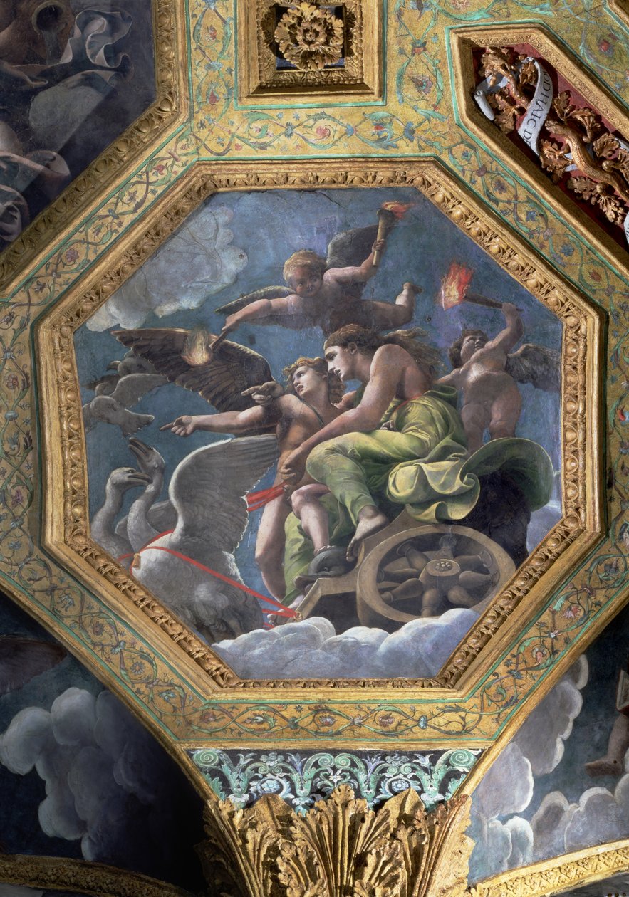 Venus och Amor i en vagn dragen av svanar, takcaisson från Sala di Amore e Psiche, 1528 (olja på stuckatur) av Giulio Romano
