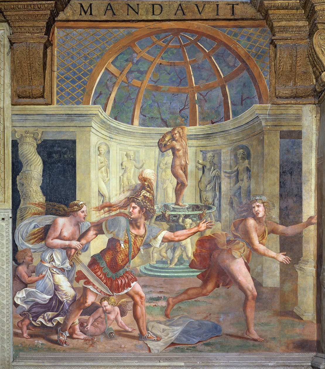 Venus, vars stickade fot fläckar kronbladen av en rosröd, med Mars som förföljer Adonis med ett oslidat svärd från Sala di Amore e Psiche, 1528 av Giulio Romano