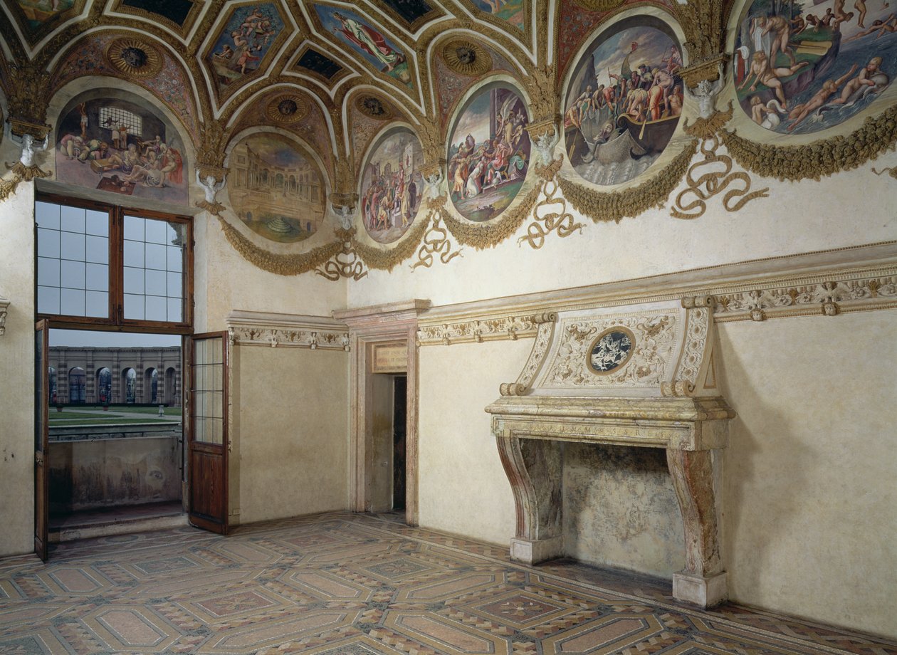 Utsikt över Camera dei Venti, som visar stuckaturspisen och frisen med zodiakens rundlar ovan, 1528 av Giulio Romano