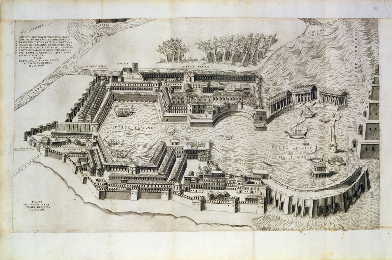 Plan över hamnen i Ostia Antica, graverad av konstnären, 1554 av Giulio de Musi