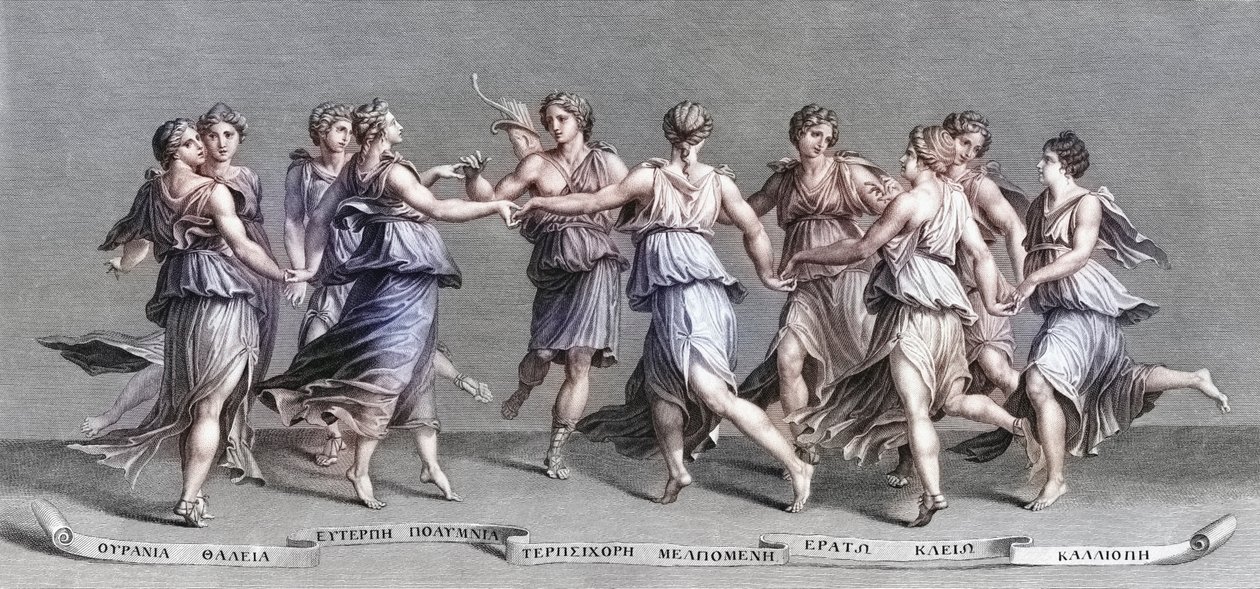 Apollo dansar med sina nio olympiska muser. (skriva ut) av Giulio (after) Romano