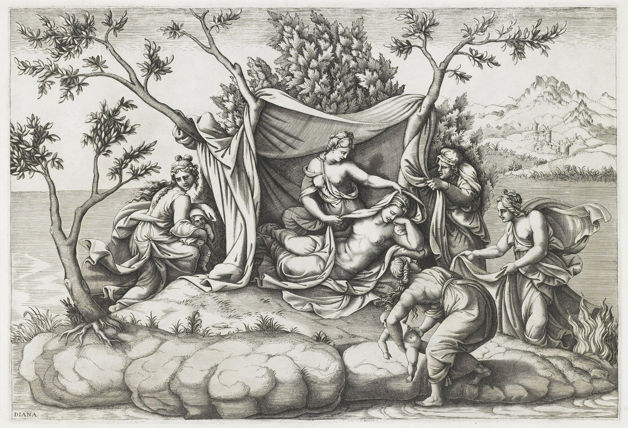 Latona föder Apollo och Diana, graverad av Diana Mantovana (f.1535), efter 1575 (gravyr) av Giulio (after) Romano