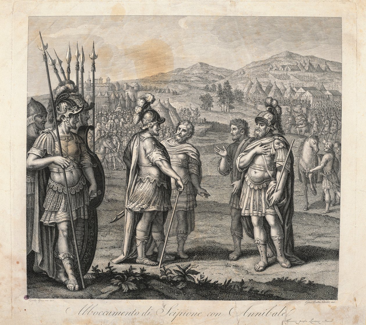 Möte mellan Hannibal och Scipio under de puniska krigen (etsning) av Giulio (after) Romano