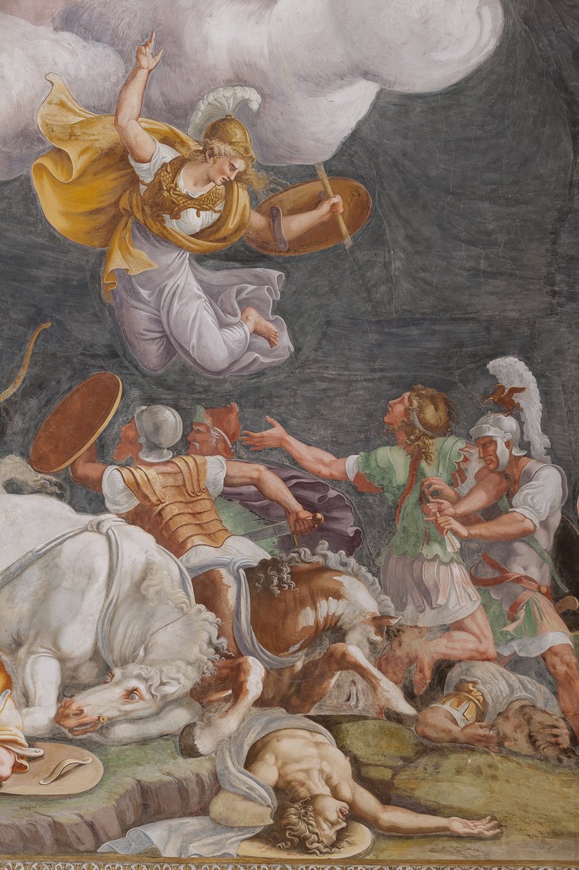 En strid, detalj, The Trojan Horse, Chamber of Troy (Sala di Troia) av Giulio (and workshop) Romano