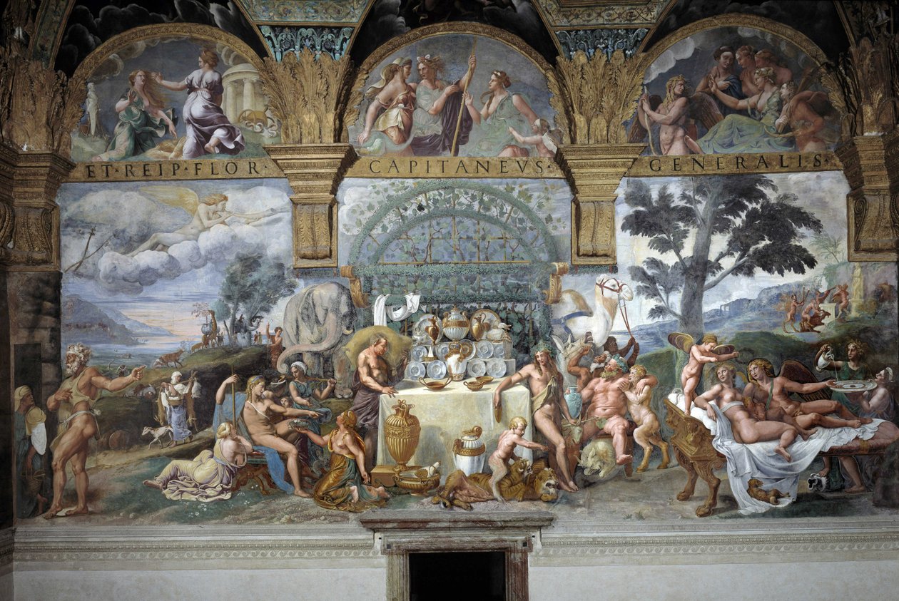 Den ädla banketten för att fira Amors och Psyches bröllop, södra väggen i Amors och Psyches rum, ca 1527-31 (fresk) av Giulio (and workshop) Romano