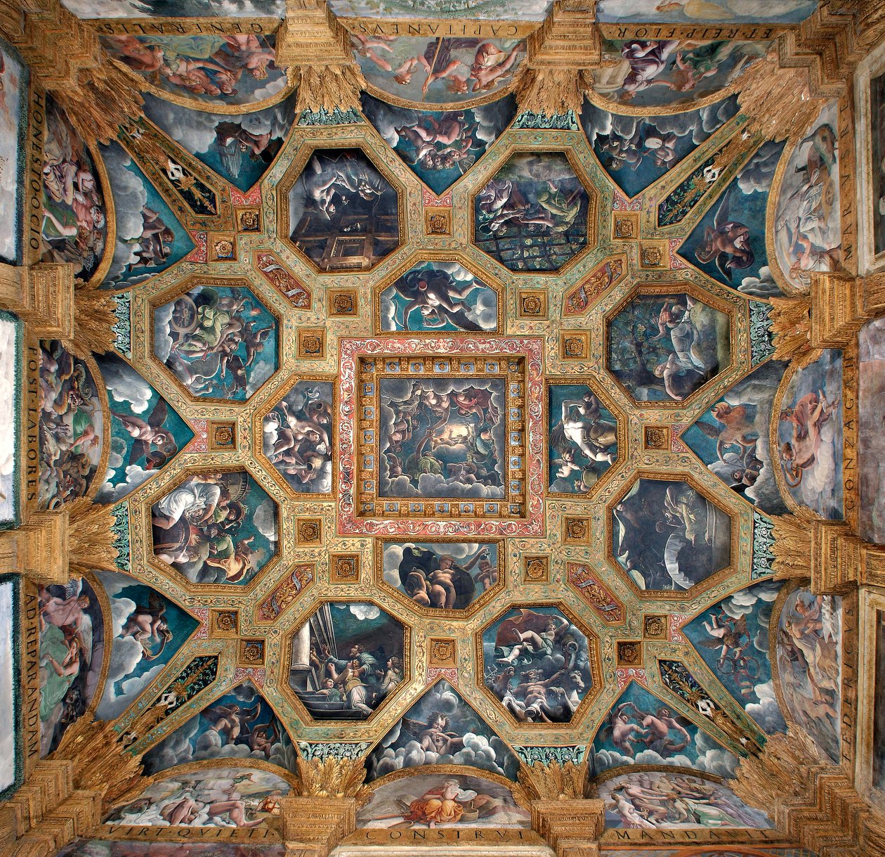 Utsikt över valvet i Amors och Psyches kammare (Sala di Amore e Psiche) av Giulio (and workshop) Romano