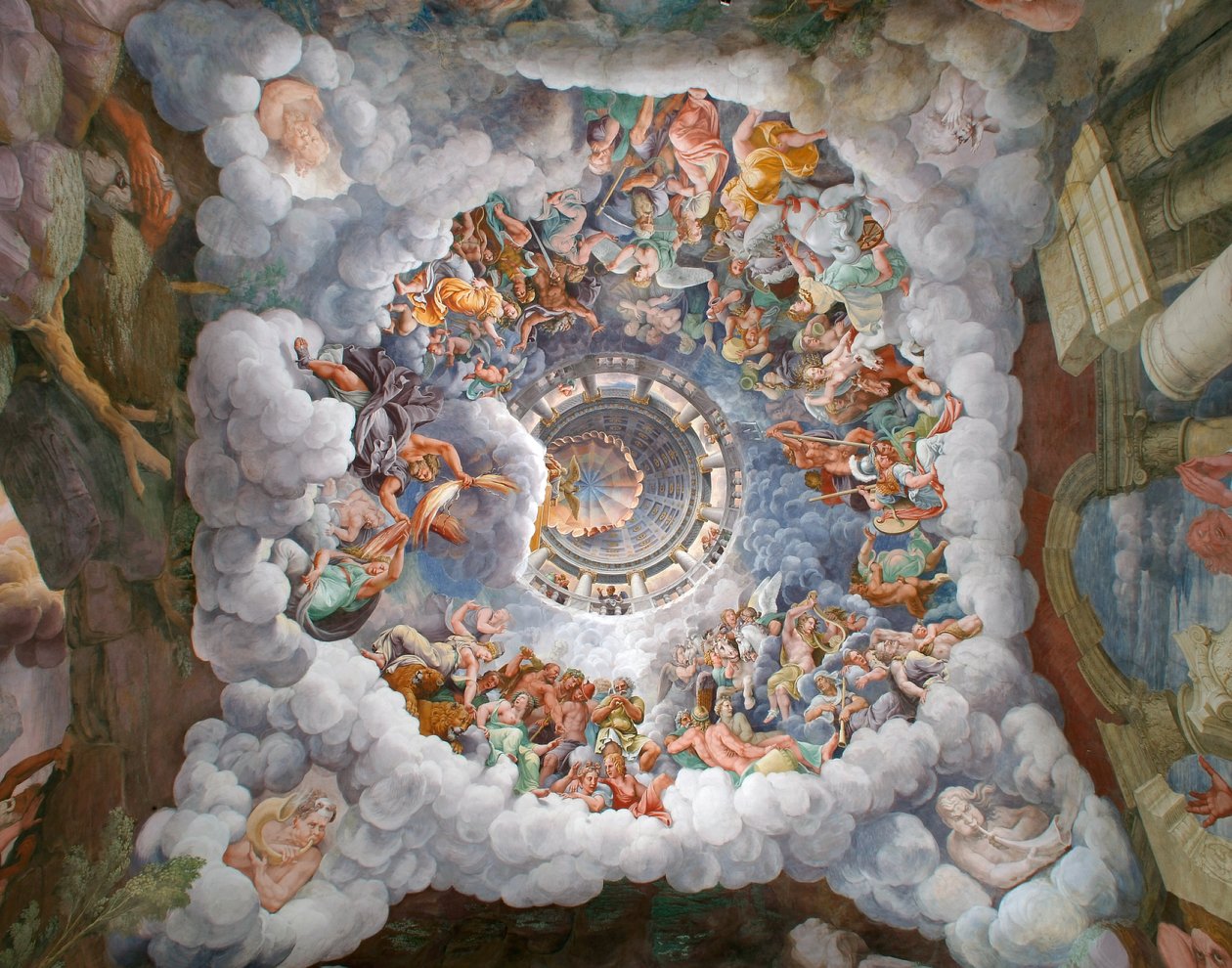 Zeus omgiven av andra Olympus gudar som kastar blixtar mot jättarna och förstör dem, valv och södra och västra väggarna, jättarnas kammare (Sala dei Giganti) av Giulio (and workshop) Romano