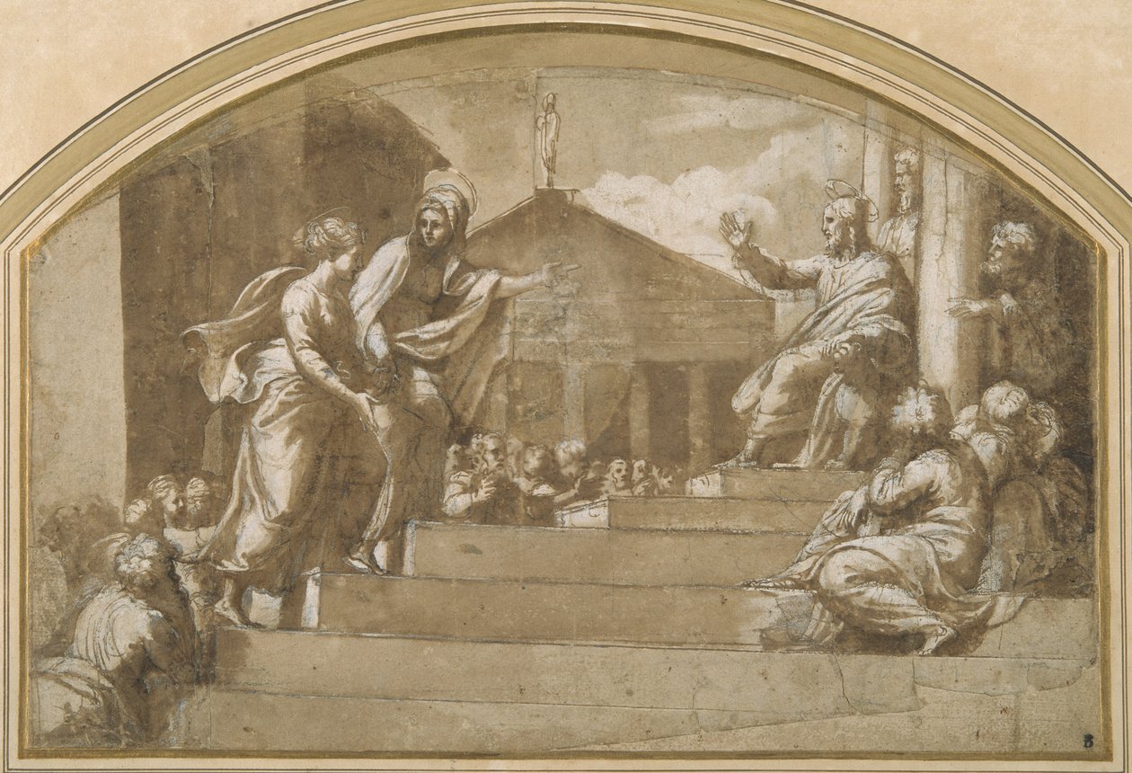 Martha tar med Maria Magdalena till Kristus (penna och bläck på papper) av Giulio (attr. to) Romano