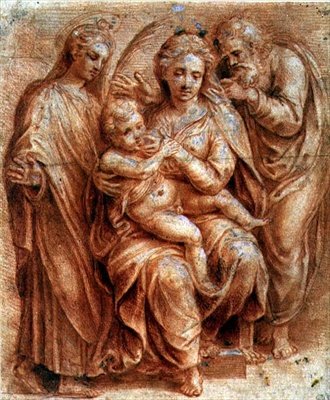Helig familj med en jungfrumartyr (röd krita förhöjd med vit) av Giulio (circle of) Romano