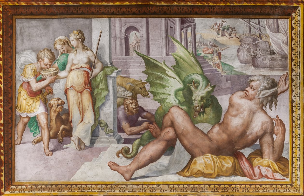 Circe förvandlas till monster, Ulysses följeslagare, från Hall of Circe, Rocca dei Rossi, San Secondo, Parma, Italien av Giulio (school of) (attr.to) Romano