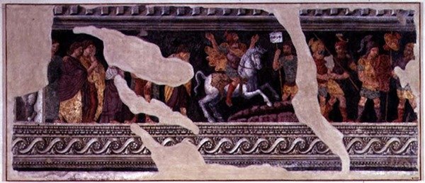 Fragment av en scen av en triumf (fresk) av Giulio (school of) Romano