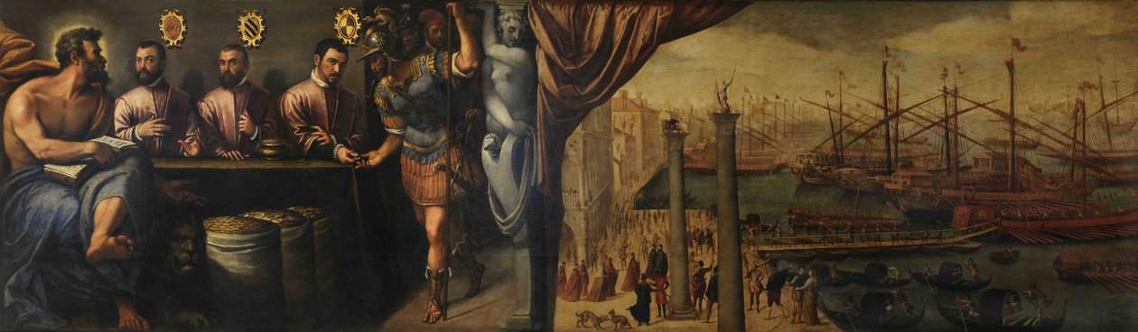 Saint Mark hjälper tre domare med att rekrytera milisen till flottan, ca 1586 av Giulio Angolo del Moro