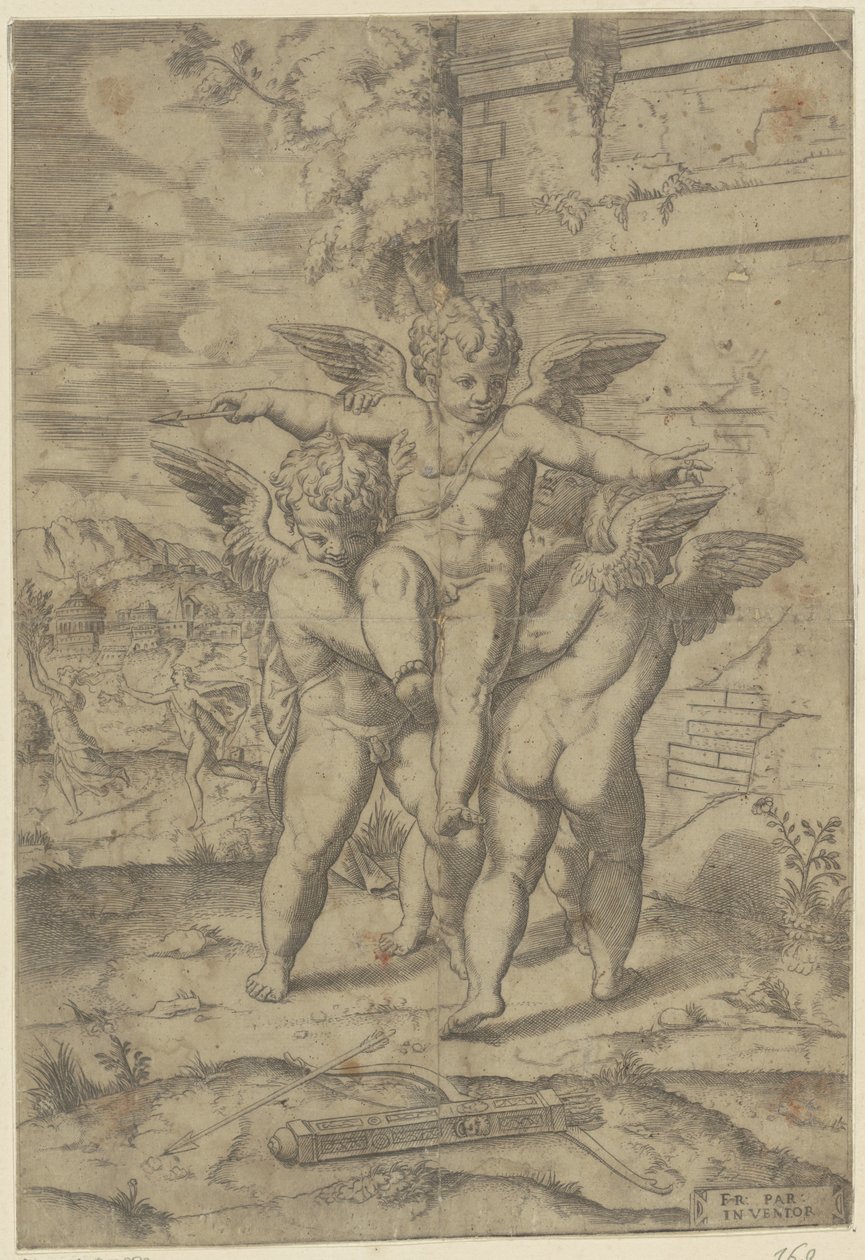 Amor och tre putti av Giulio Bonasone (attributed to)