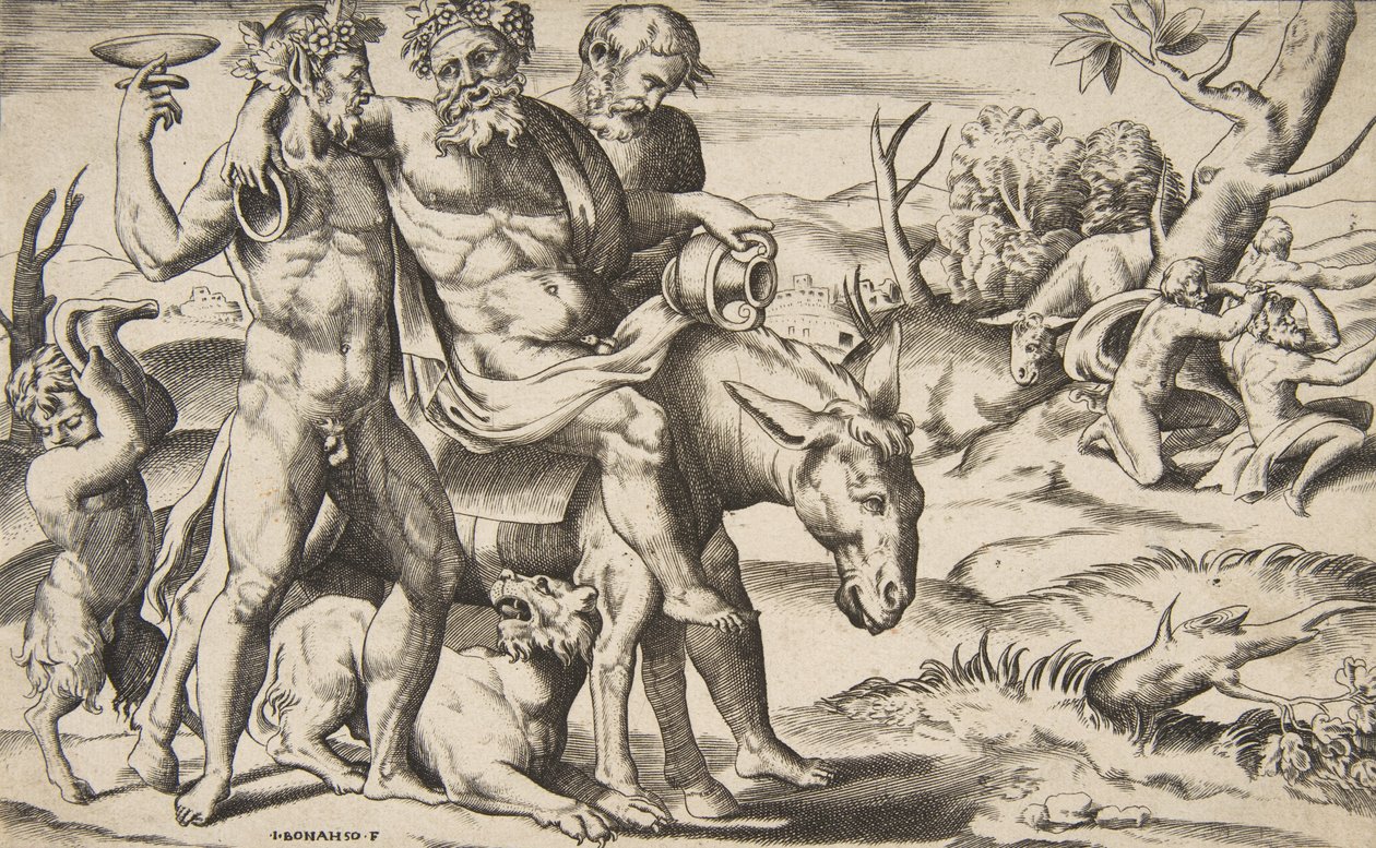 En berusad Silenus som rider på en åsna som stöds av satyrer, 1531-76. av Giulio Bonasone