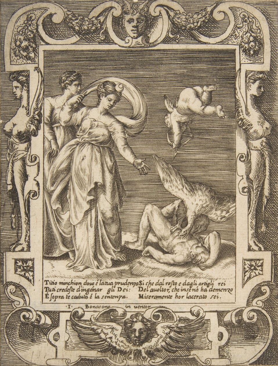En gam som äter Titius inälvor, Amor ovanför två kvinnor till vänster, satt inom en..., 1531-76. av Giulio Bonasone