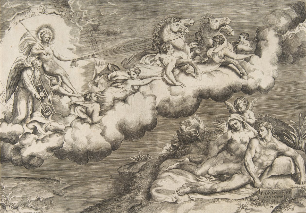 En allegori över den uppgående solen, en naken man som bär en hölje och åtföljd Fader Tid..., 1531-76. av Giulio Bonasone
