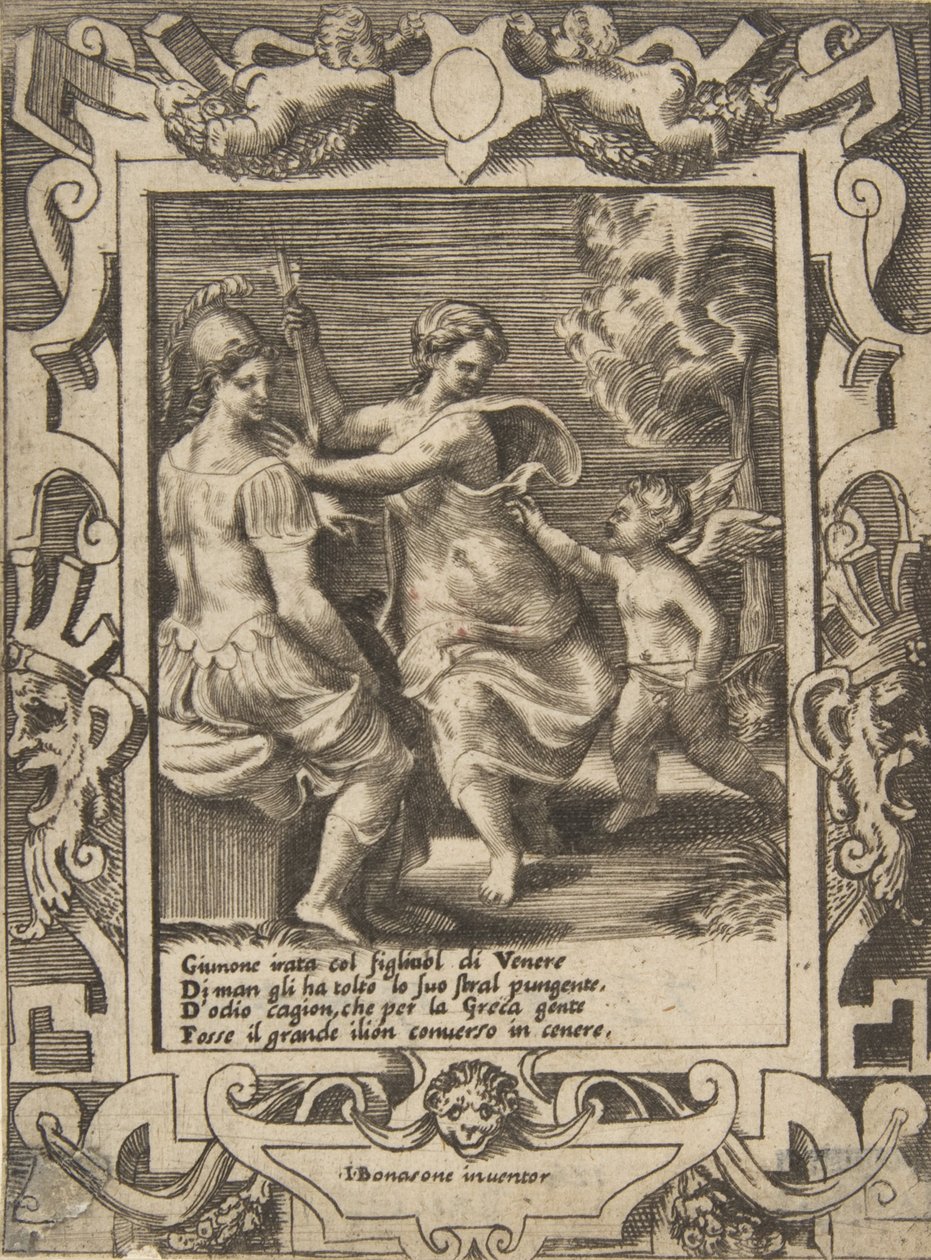 Athena satt nära Juno som har tagit bort Amors pilar, satt inom en utarbetad ram..., 1531-76. av Giulio Bonasone