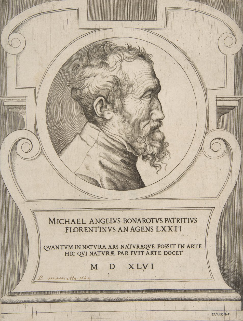 Bystporträtt av Michelangelo vänd åt höger, placerad i en kartusch., 1546. av Giulio Bonasone