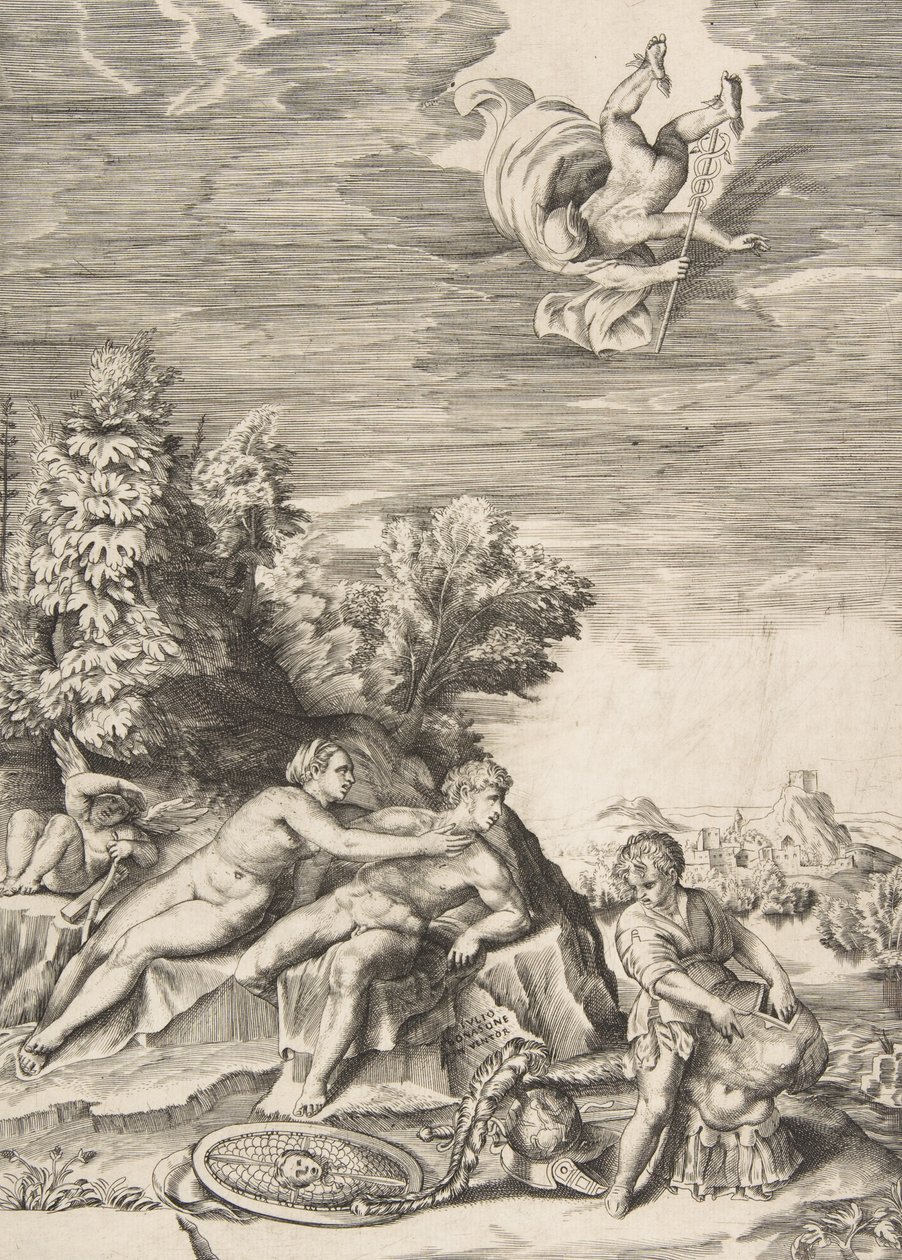 Calypso försöker fånga Ulysses när ett barn förbereder sin rustning till höger och Mercury fa..., 1531-76. av Giulio Bonasone
