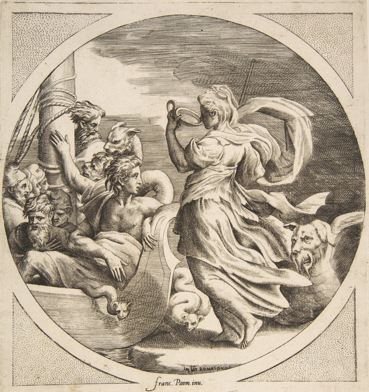 Cirka dricker ur en kopp med Ulysses följeslagare i en båt till vänster, ett cirkulär ..., 1531-76. av Giulio Bonasone
