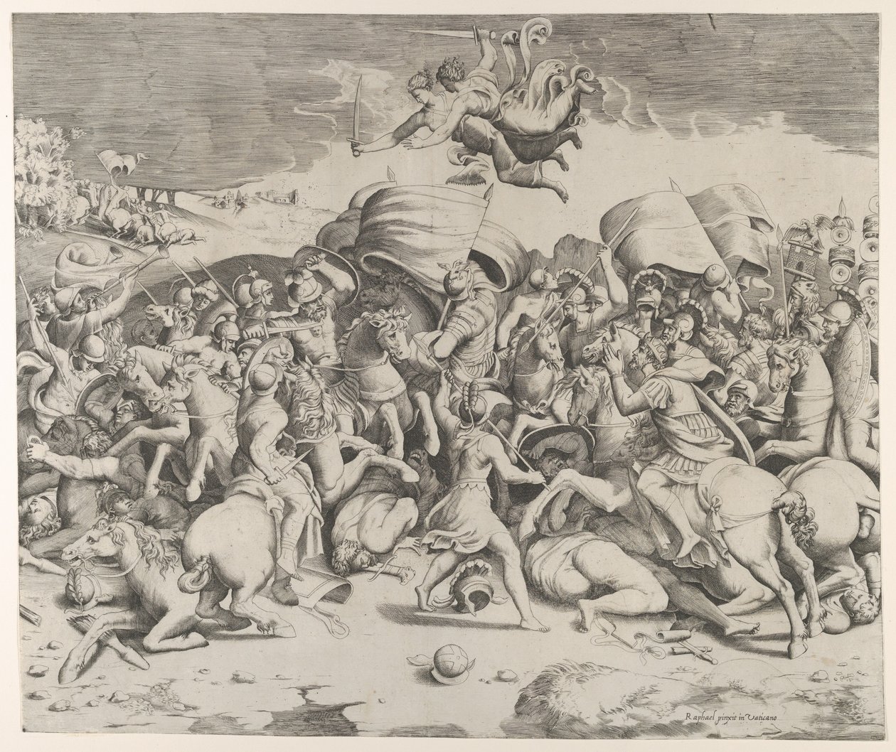 Konstantin besegrar tyrannen Maxentius, änglar som bär svärd flyger ovanför, 1544., 1544. av Giulio Bonasone