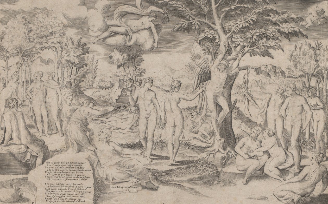 Amor i Elysian Fields bunden till ett träd i mitten, omgiven av många figurer, 1563., 1563. av Giulio Bonasone
