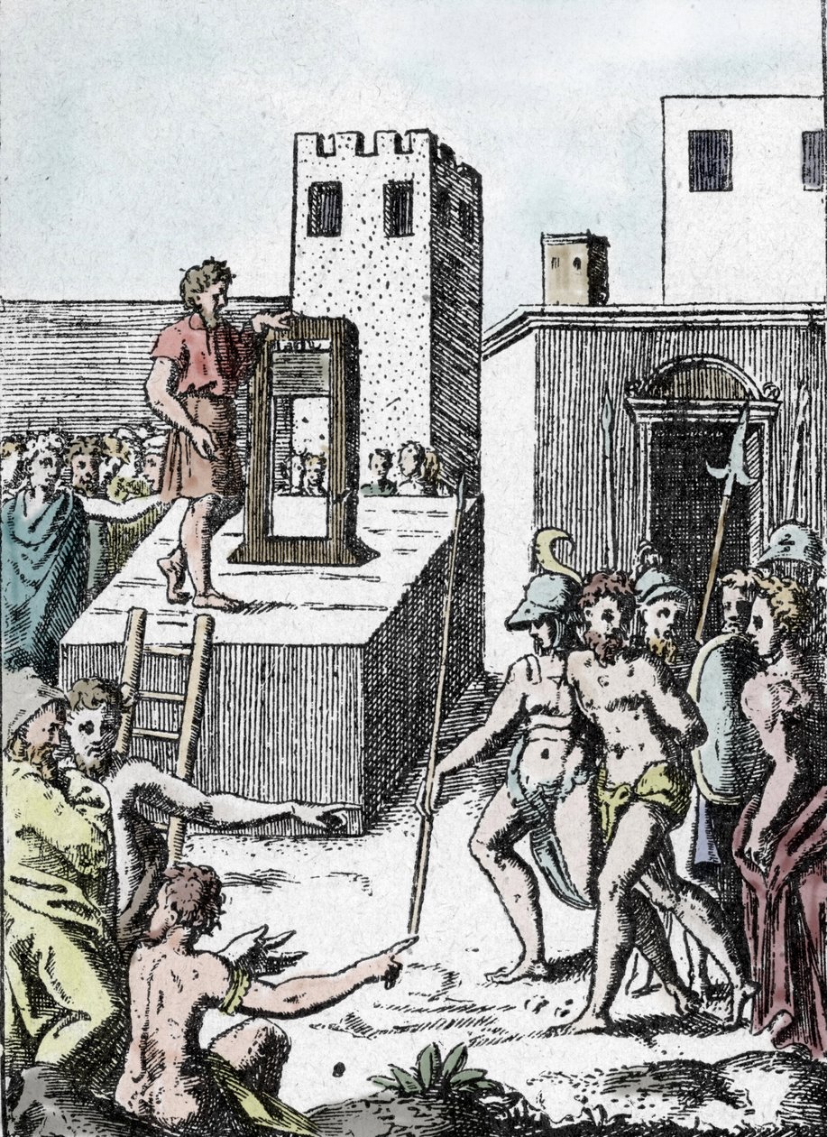 Dödsstraff: verkställandet av en dödsdom med förfadern till giljotinen (maskin en dekollation) i Italien kallad Mannaia och designad av Achille Bocchi, 1555”” Gravyr av Giulio Buonasone (Bonasone) (1498-1574) (Representation av Manna av Giulio Bonasone