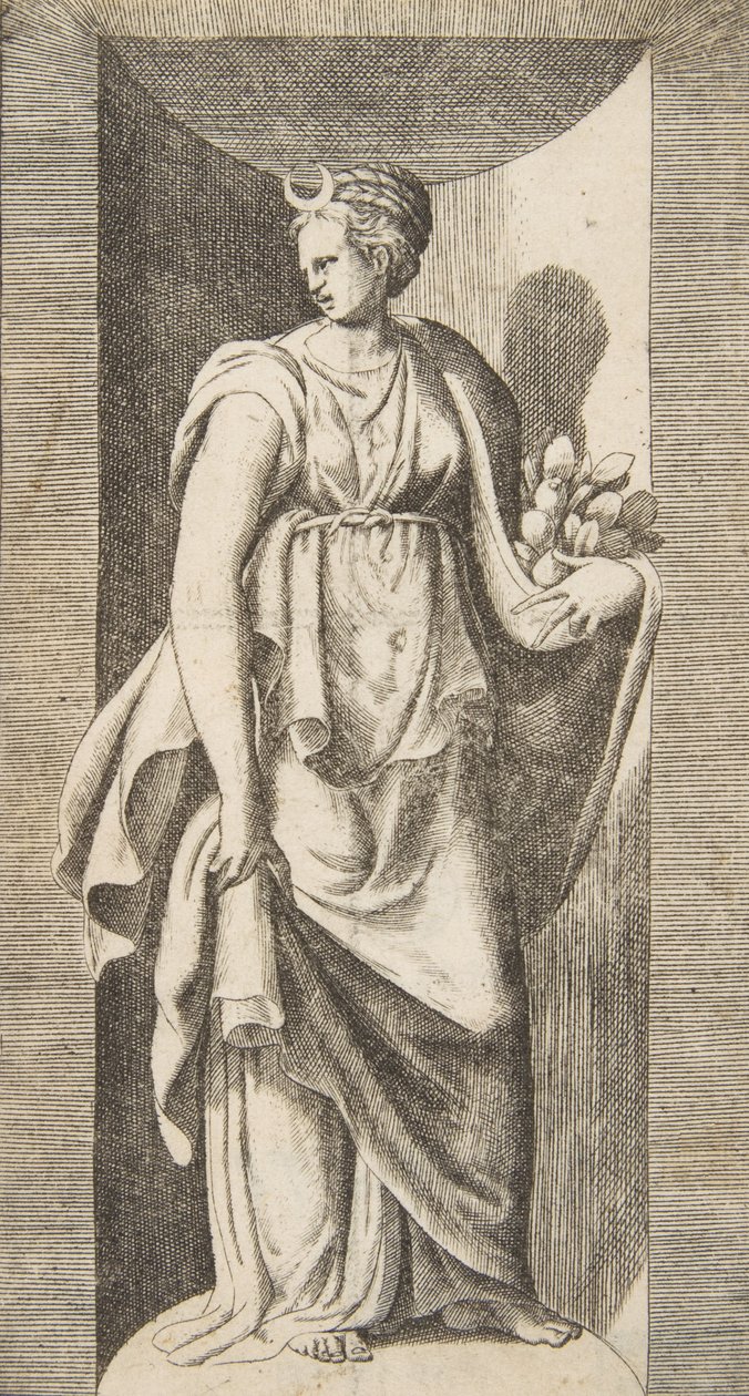 Diana håller frukt i sin vänstra hand stående inom en nisch, ca. 1531-76. av Giulio Bonasone
