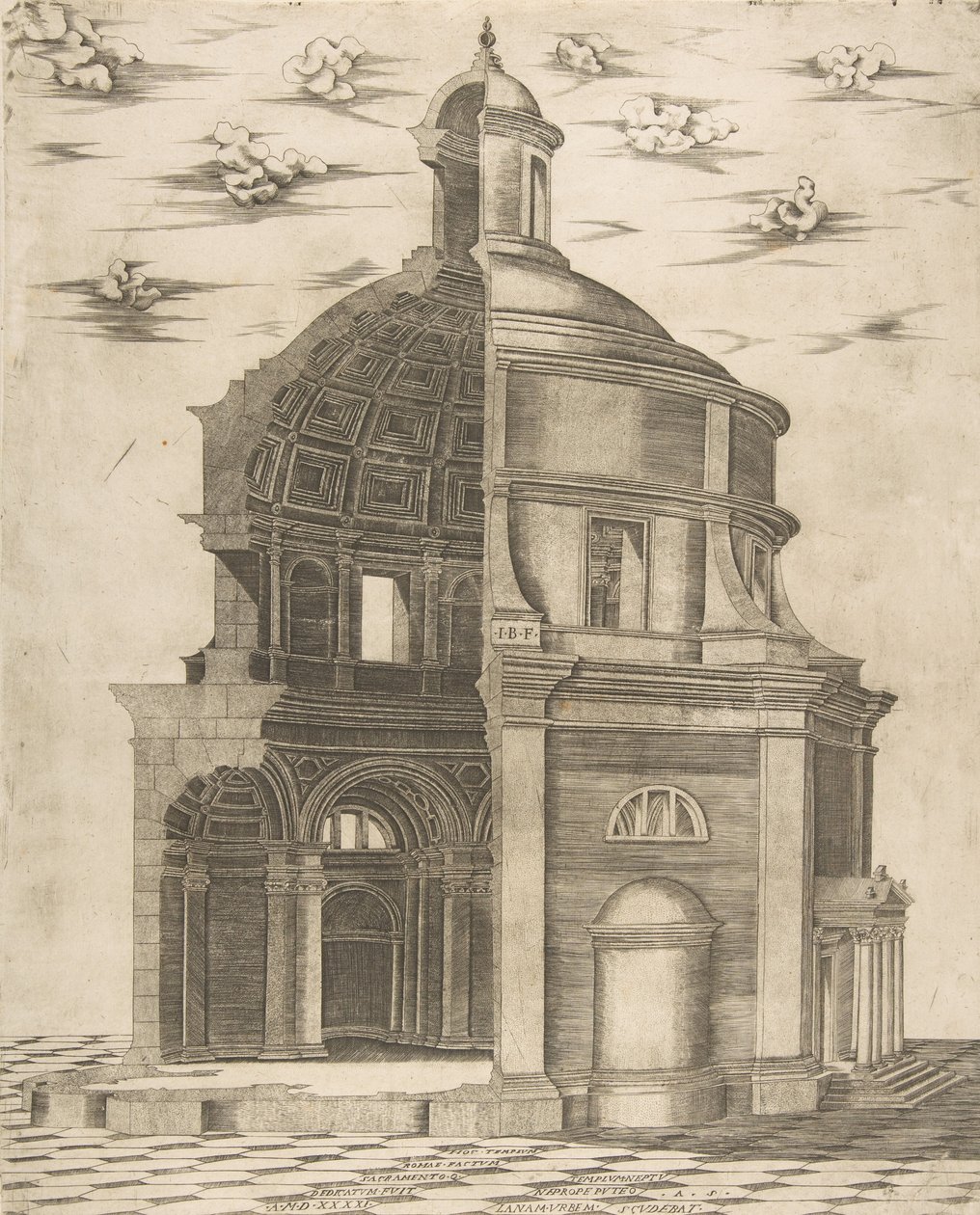 Exteriör och inre del av ett tempel i Rom tillägnad Neptunus, 1541. av Giulio Bonasone