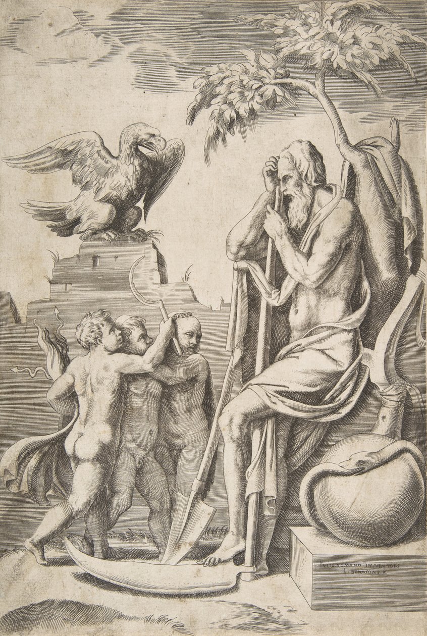 Fader Tid till höger lutad på en lie, tre nakna pojkar och örn till vänster, 1..., 1531-76. av Giulio Bonasone