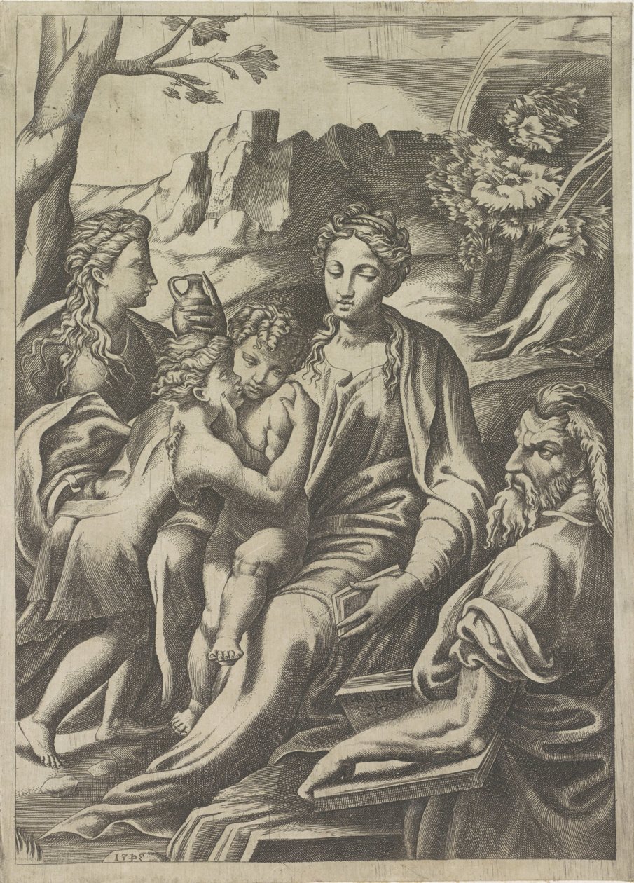 Helig familj med unga Johannes Döparen och Maria Magdalena av Giulio Bonasone