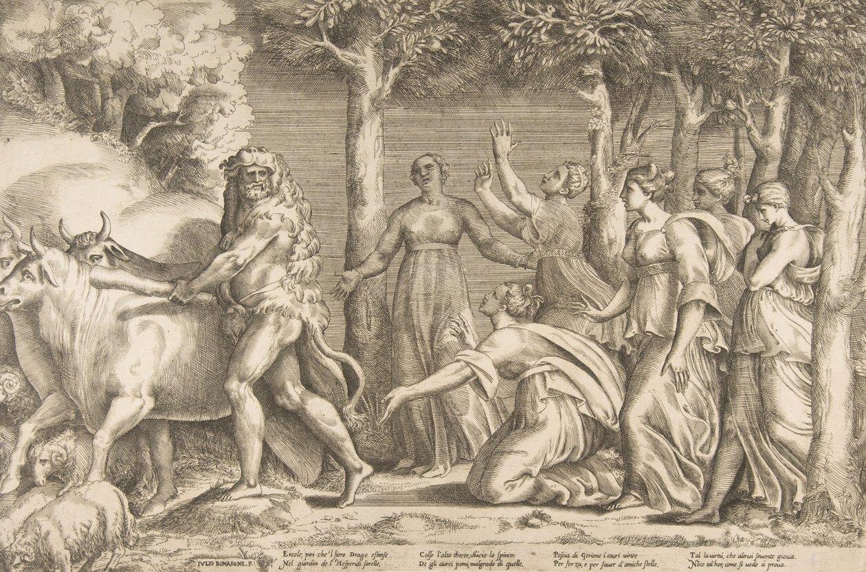 Herkules driver bort boskapen i Geryon, till höger är nymferna från Hesperides, ..., 1531-76. av Giulio Bonasone