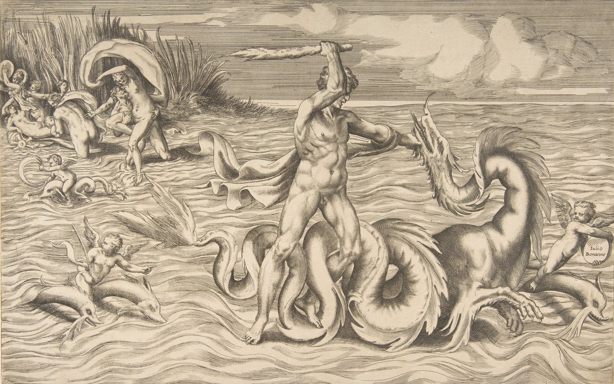 Hercules slåss mot en drake i mitten, Achelous bär bort Deianeira uppe till vänster, 1531-76. av Giulio Bonasone