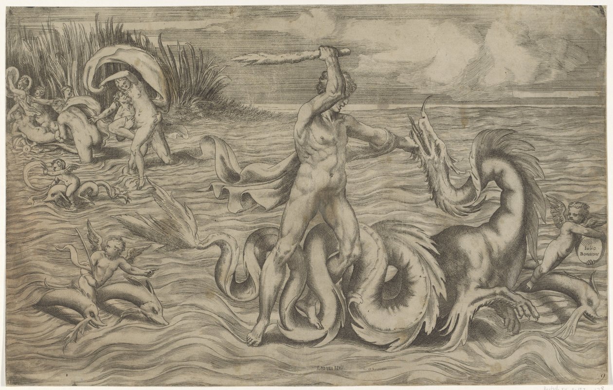 Hercules brottas med Achelous av Giulio Bonasone