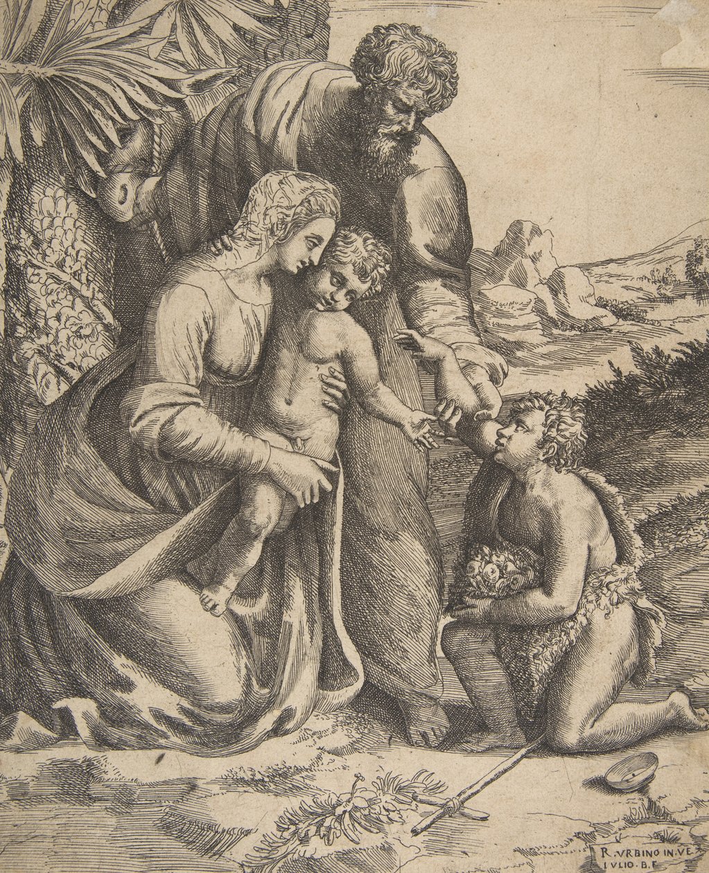 Helig familj med Johannes Döparen som knäböjer till höger, 1531-76. av Giulio Bonasone
