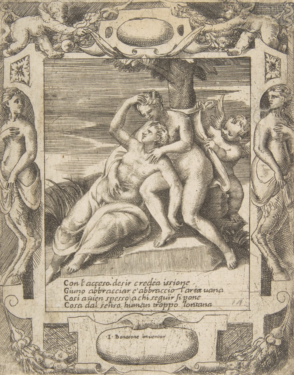 Ixion omfamnar ett moln och tror att det är Juno, Amor till höger, utspelad i en elabora..., 1531-76. av Giulio Bonasone