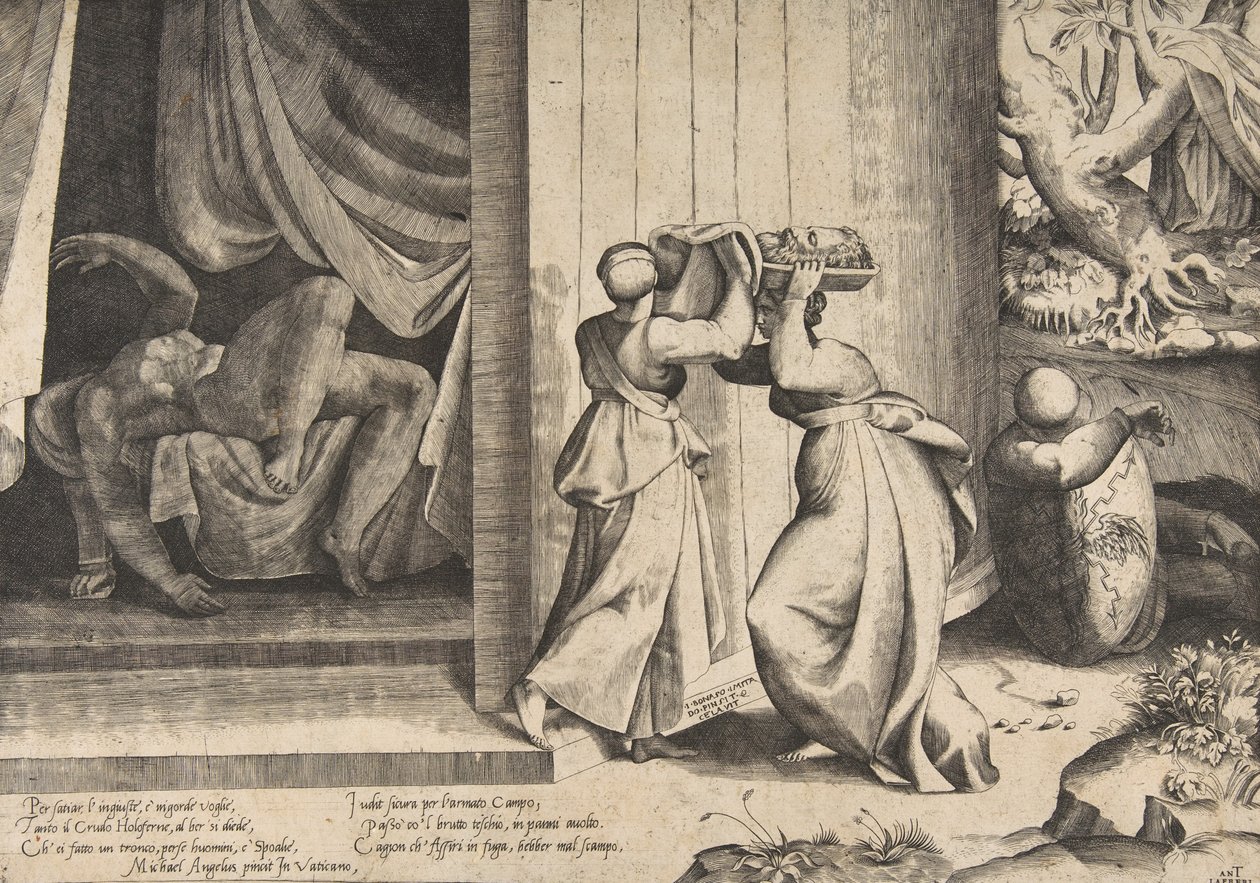 Judith överlämnade huvudet av Holofernes till sin tjänarinna, den avhuggna Holofernes i..., 1531-7 av Giulio Bonasone