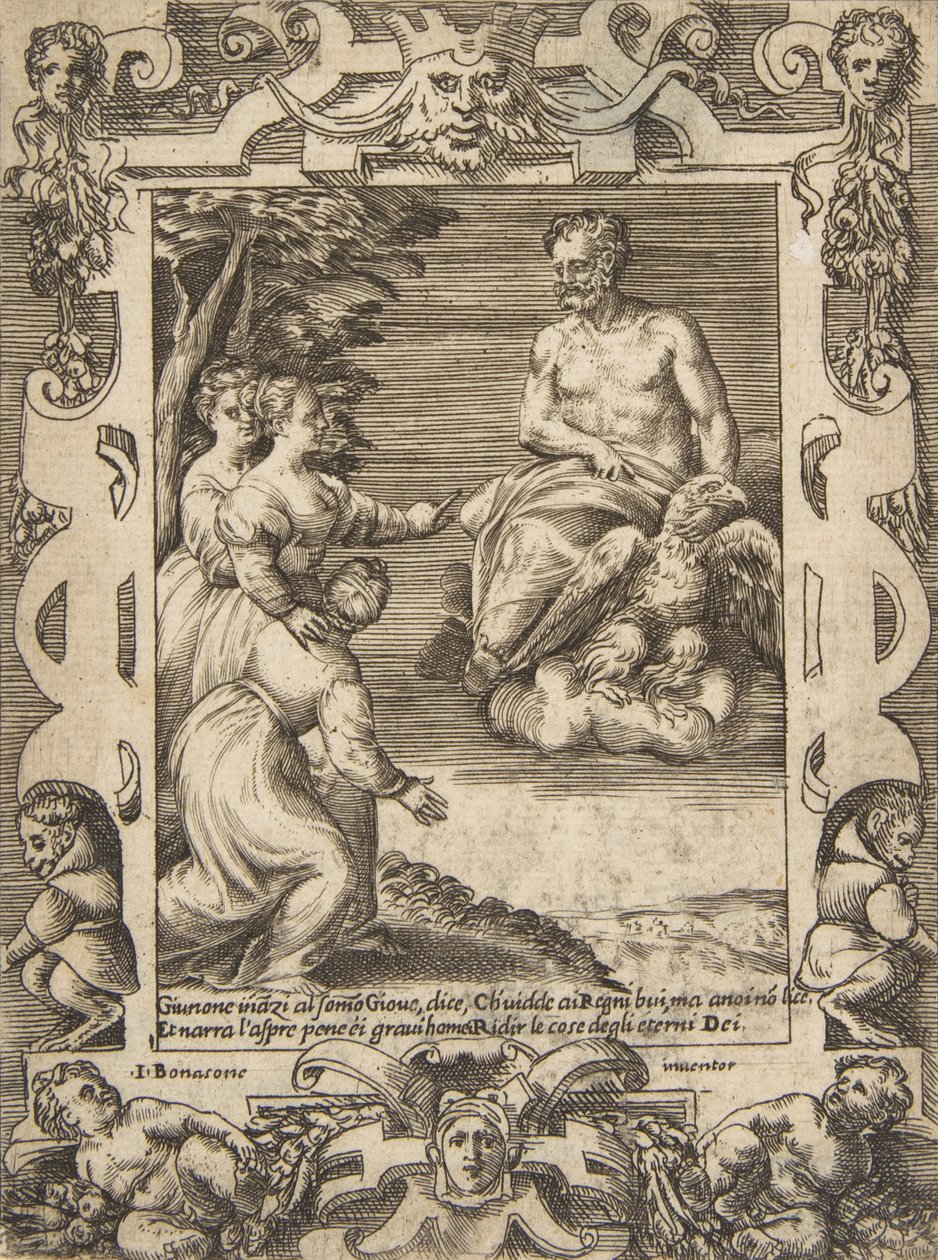 Juno till vänster ber Jupiter att hjälpa grekerna, satt inom en utarbetad ram, från 