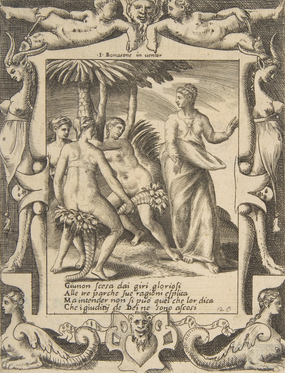 Juno till höger vänder sig och talar till öden, placerad inom en utarbetad ram, fr..., 1531-76. av Giulio Bonasone