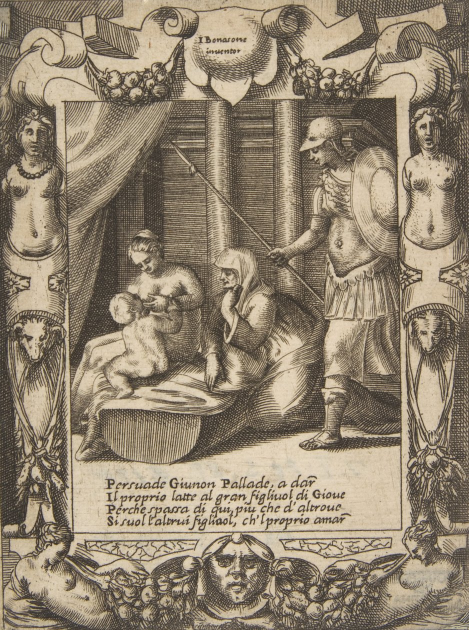 Juno övertalar Athena att vårda den unge Hercules, placerad inom en utarbetad ram, från..., 1531-76. av Giulio Bonasone