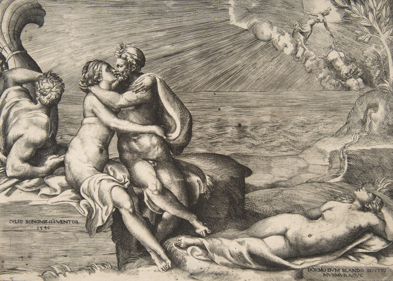 Jupiters kärlek till Juno återuppstod när hon tog på sig Venus gördel, 1546. av Giulio Bonasone